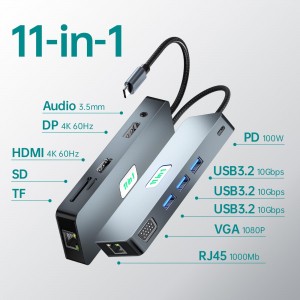 11 in 1 Laptop Expansion Base Dual Display USB C Hub 100W PD 4K@60HzHDMI USB C docking station, USB hub for laptops and tablets