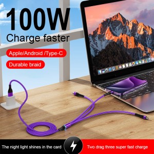 2024 New 66W 100W Super Fast Charging One to Three Data Cable Type-c Woven Three in One Mobile Phone Charging Cable for Iphone