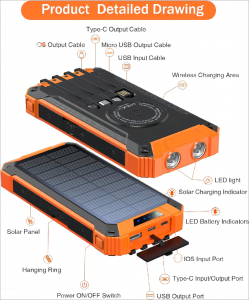 High Capacity Waterproof Mobile Solar Power Bank Wireless Charger Portable Power Bank 20000mAh