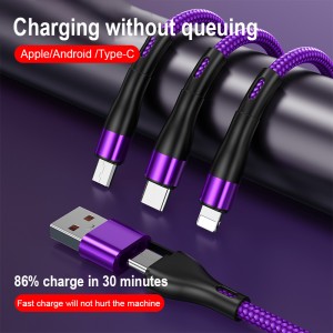 2024 New 66W 100W Super Fast Charging One to Three Data Cable Type-c Woven Three in One Mobile Phone Charging Cable for Iphone